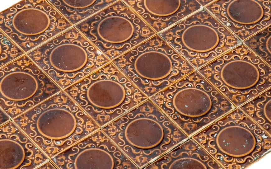 several matching original late 19th or early 20th century antique american victorian era robertson 3 x 3 residential fireplace tiles with richly colored finish