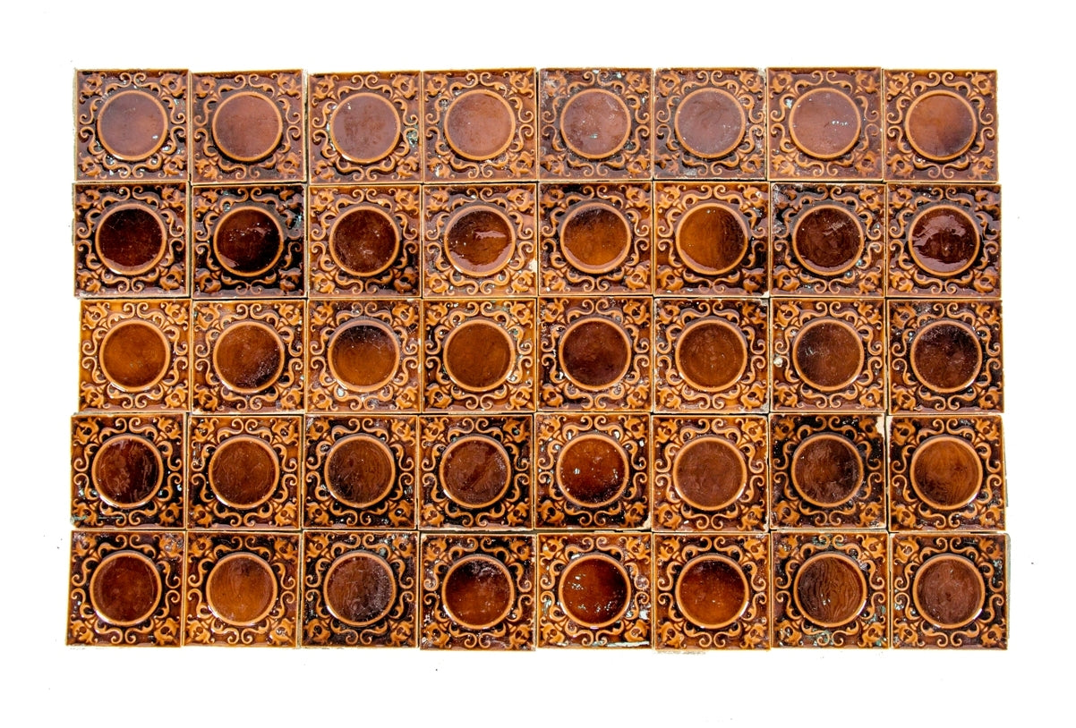 several matching original late 19th or early 20th century antique american victorian era robertson 3 x 3 residential fireplace tiles with richly colored finish