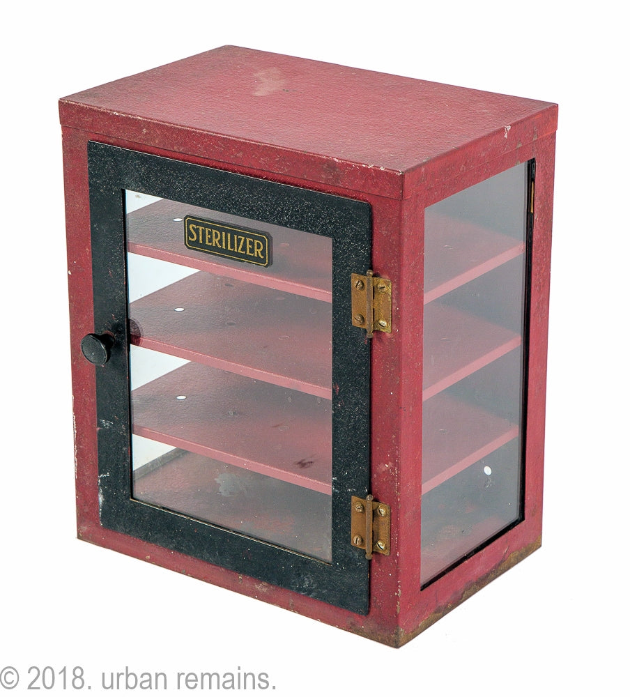 completely intact 1920's american art deco salvaged chicago counter or tabletop diminutive steel sterilizer cabinet with original red and black paint color scheme