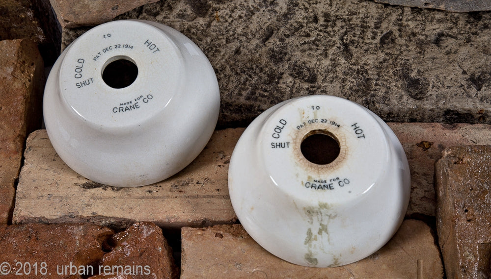 two matching early 20th century salvaged chicago bathtub or shower white porcelain "hot" and "cold" dial plates with nicely aged allover crazing