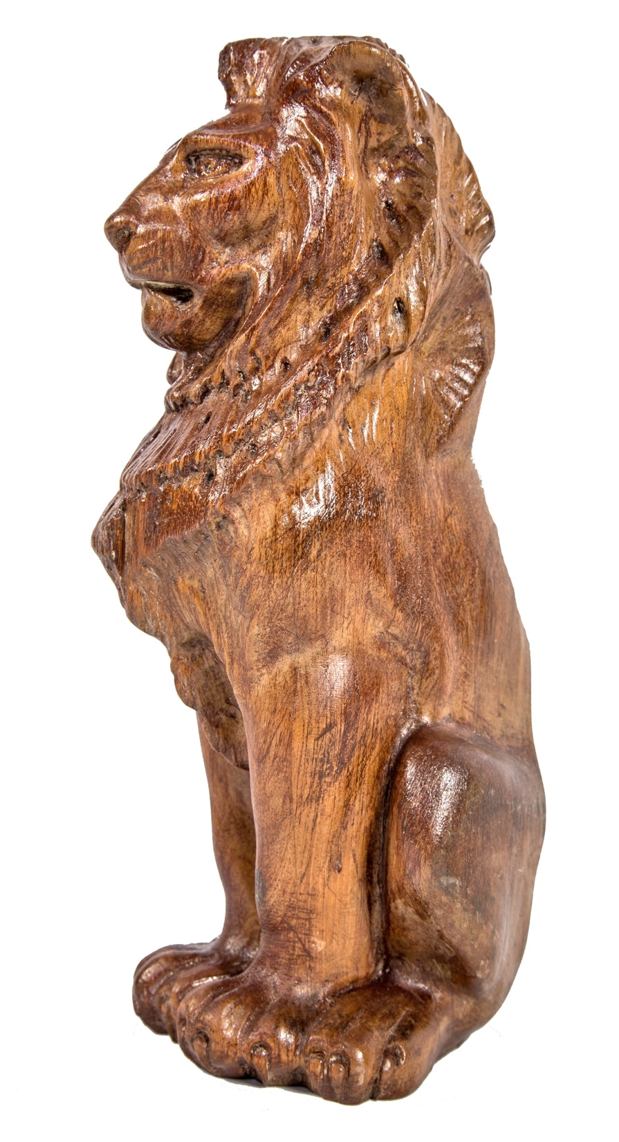 rare late 19th century solid cherry wood skillfully executed hand-carved freestanding rearing lion with mostly uniform surface patina