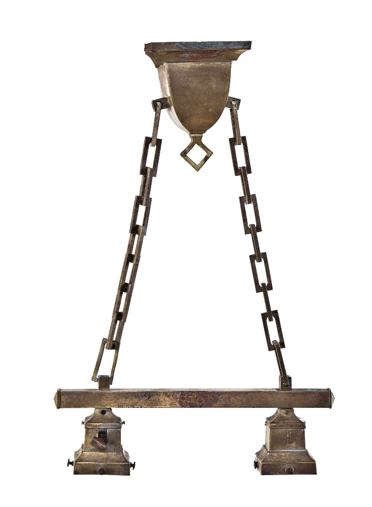 early 20th century antique american salvaged chicago bungalow interior residential hanging pendant light fixture with fanciful chain and original canopy