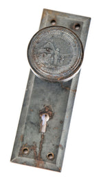 early 20th century original salvaged detroit board of education bower-barff finished cast iron emblematic doorknob and matching backplate