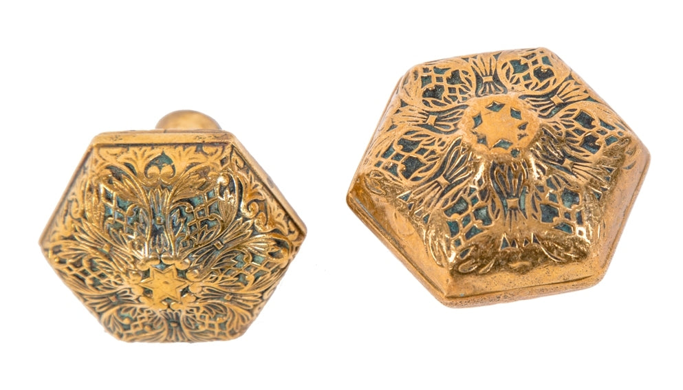 matching set of original cast ornamental bronze 19th century antique american victorian era hexagonal-shaped mallory wheeler doorknobs with rosettes