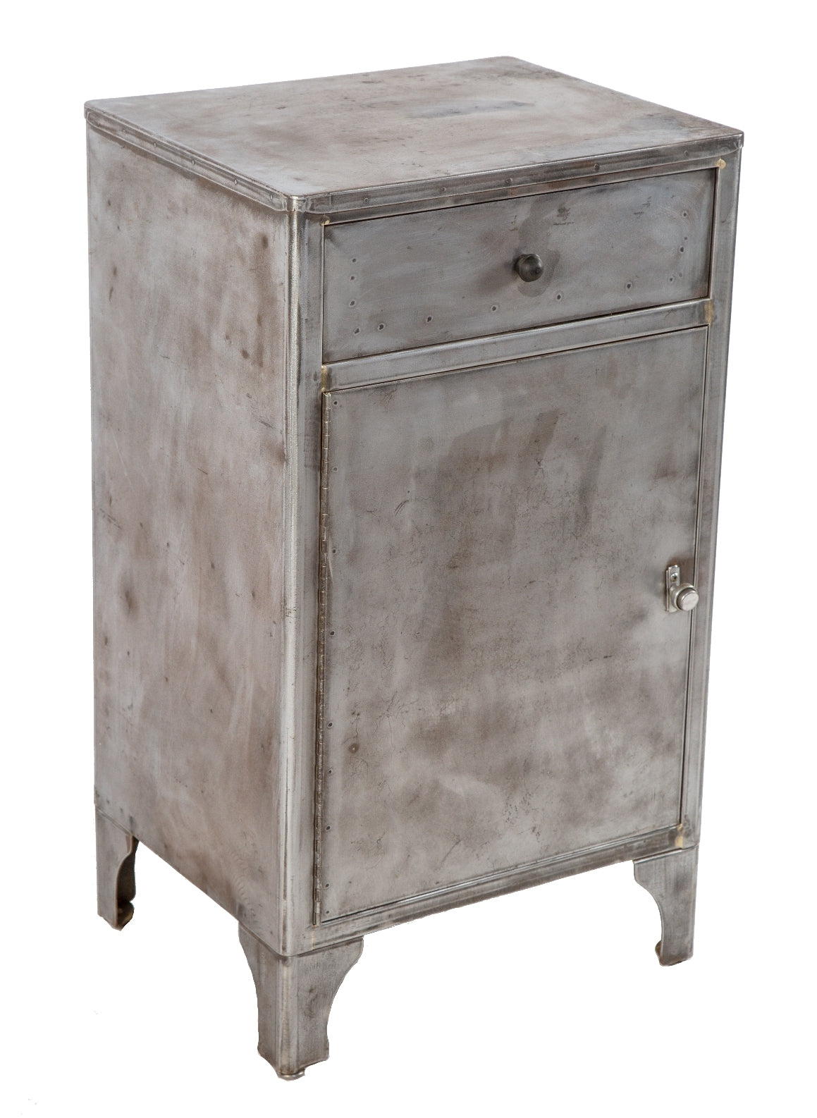 fully functional robust antique american medical pressed and folded steel hospital supply room stationary cabinet with hinged door, pull-out drawer and cabriole legs
