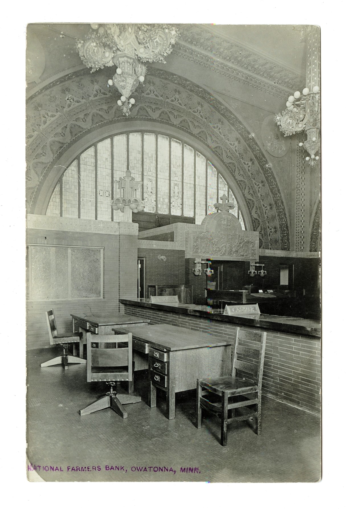 rare original postmarked real photo postcard of louis h. sullivan's 1908 national farmer's bank interior with cashier office desks in foreground