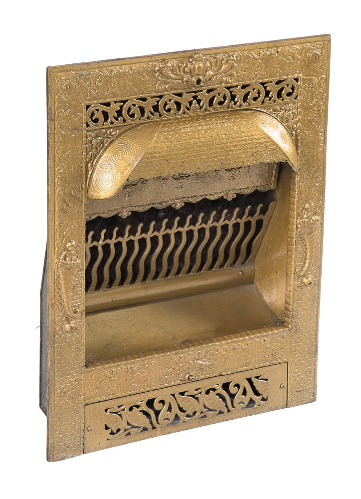 original late 19th century metallic gold enameled ornamental cast iron salvaged chicago greystone dawson brothers fireplace gas inset accentuated with cheurbs