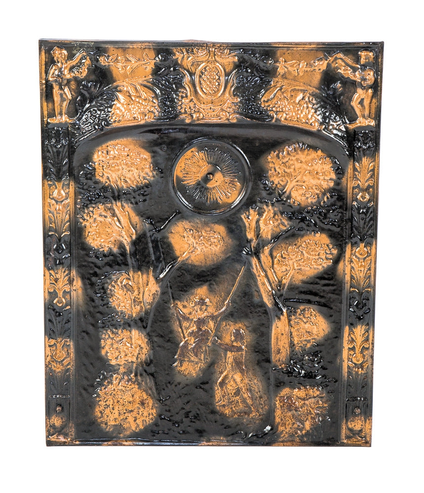 well-maintained early 20th century antique american salvaged chicago victorian era interior residential oxidized copper plated stamped ornamental steel fireplace summer cover with stovepipe opening