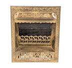 ornamented 19th century original and largely intact antique american gold enameled cast iron interior residential fireplace gas burning insert or grille with flue hande and shut off key
