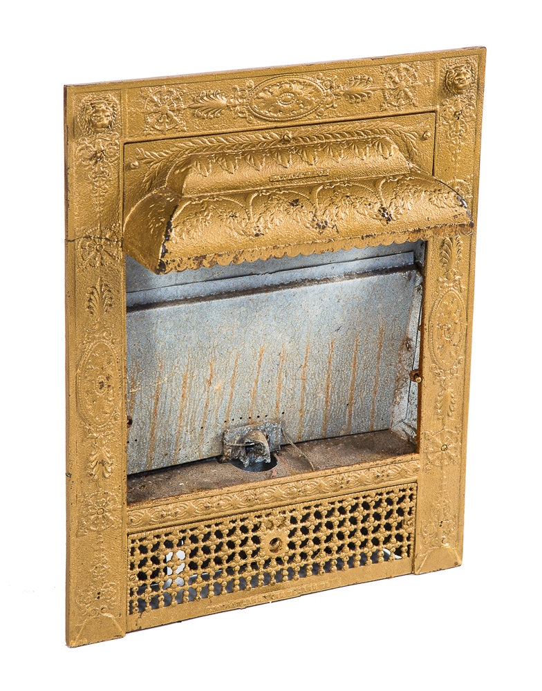 original and intact late 19th century antique american victorian era metallic gold enameled interior residential fireplace "lion" gas insert or grate with distinctive protruding hood