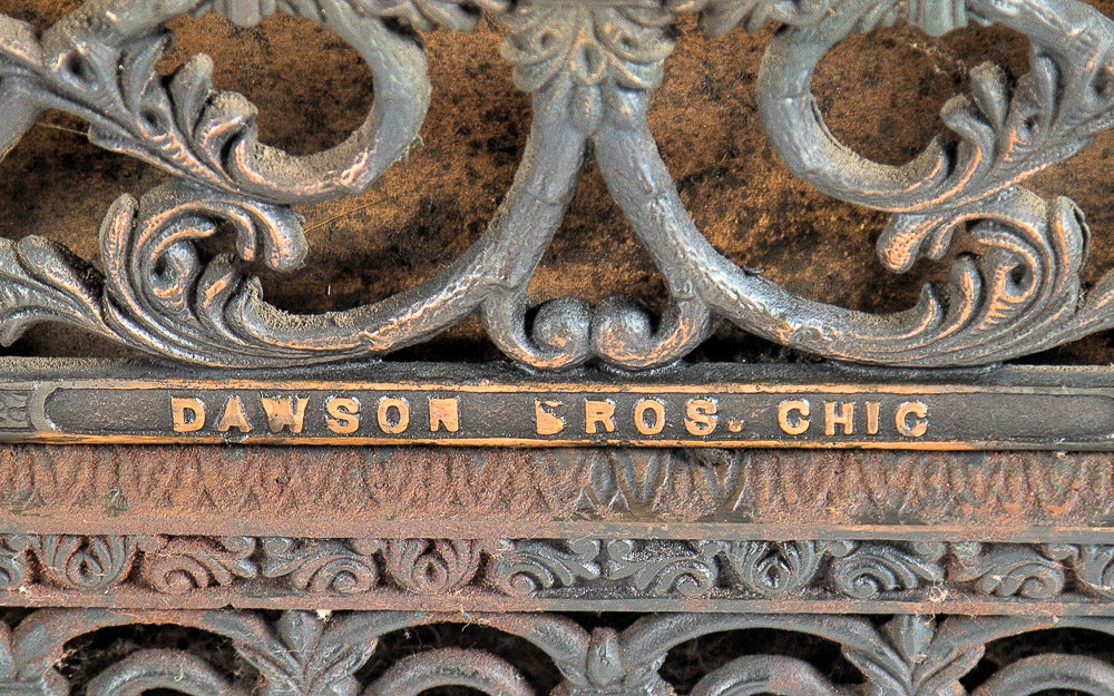 highly sought after and richly ornamented cast iron dawson brothers salvaged chicago interior residential fireplace insert with oxidized copper-plated finish
