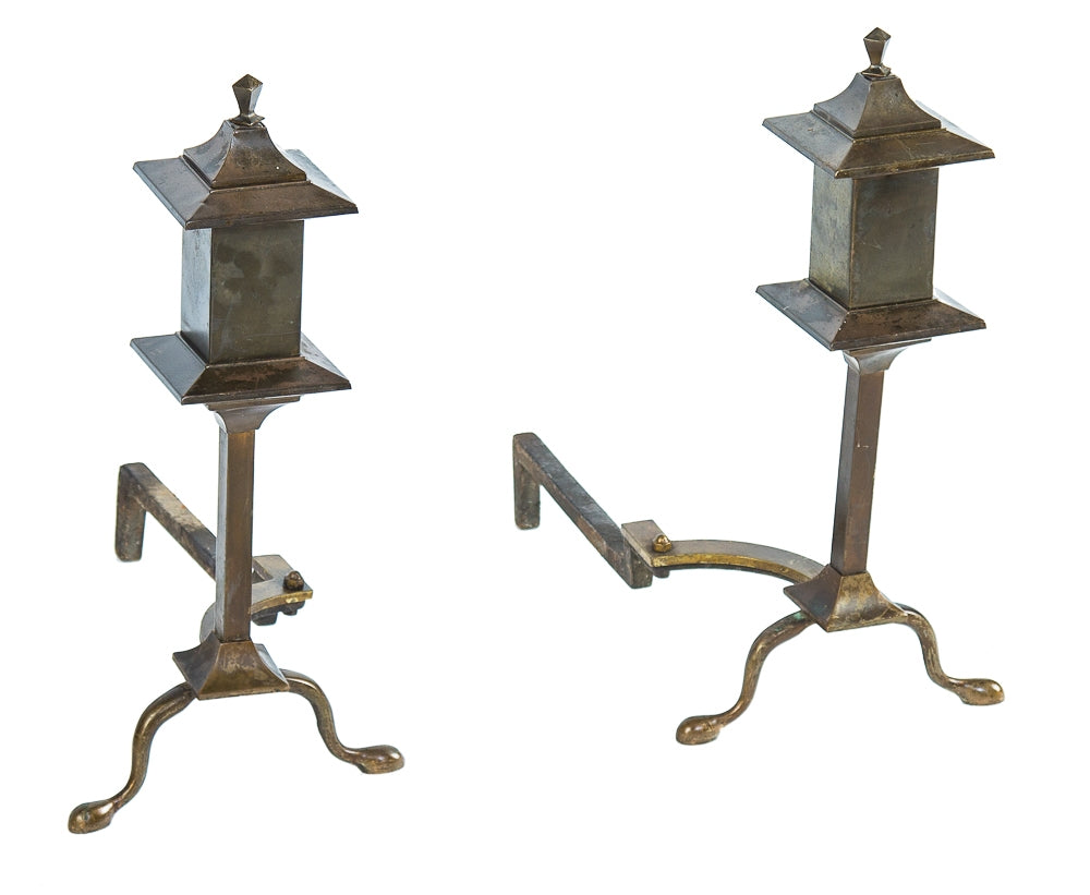 matching set of hard to find early 20th century antique american mission or craftsman style brass fireplace andirons with distinctive pagoda tops