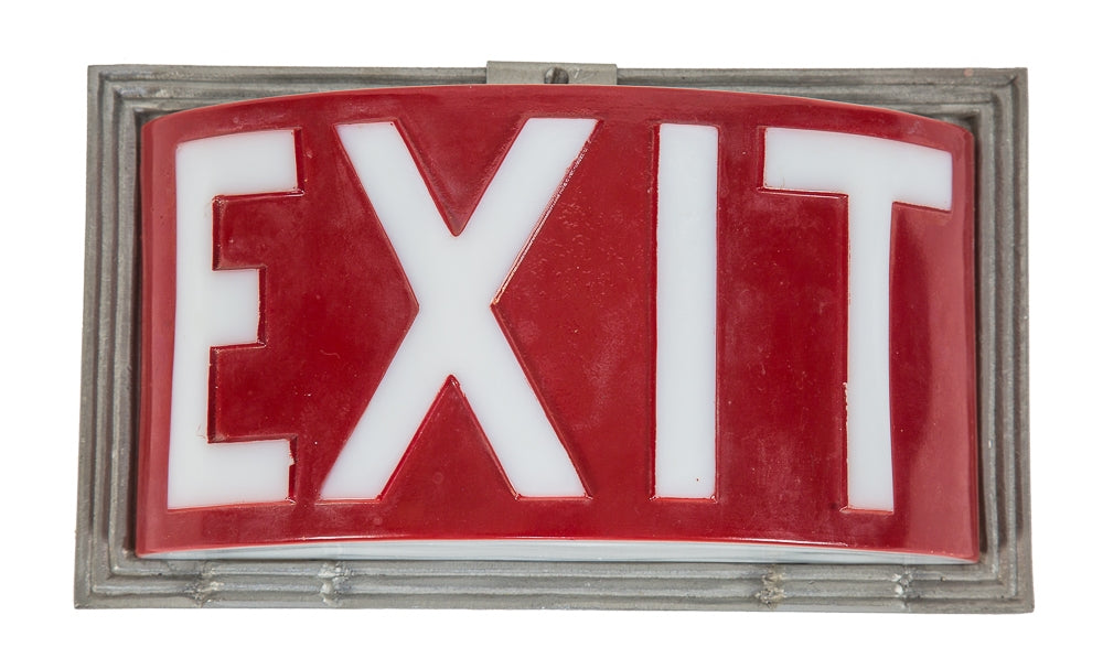 hard to find antique american depression era art deco style semicircular-shaped pressed glass illuminated theater exit light fixture with raised letters and intact baked enameled finish