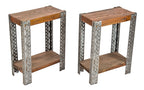 matching set of repurposed c. 1940's vintage american industrial "slotted" acme steel and varnished wood two-tier side tables