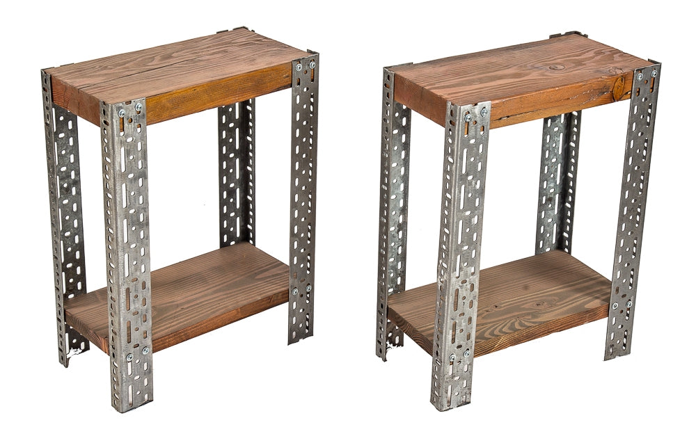 matching set of repurposed c. 1940's vintage american industrial "slotted" acme steel and varnished wood two-tier side tables