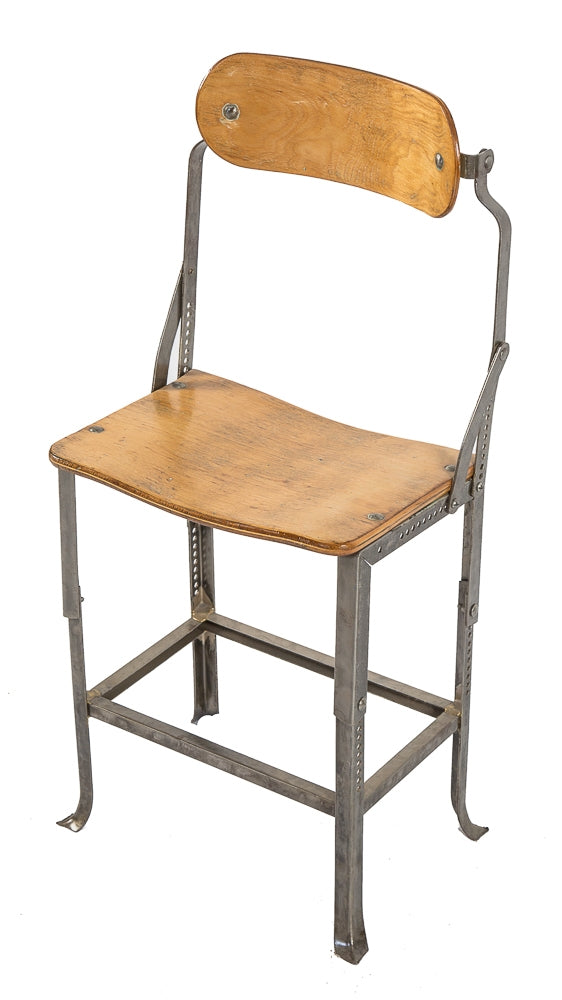rare c. 1930's vintage industrial "no.280" angled steel salvaged chicago factory office posture chair with original birch wood seat and backrest