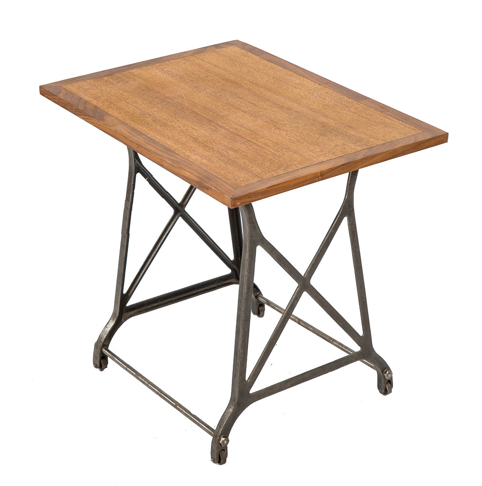low-lying early 20th century repurposed factory office salvaged adding machine brushed iron stand with new added solid walnut and mahogany wood tabletop