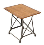 low-lying early 20th century repurposed factory office salvaged adding machine brushed iron stand with new added solid walnut and mahogany wood tabletop