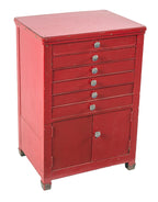 unusual early 20th century antique american freestanding industrial multi-drawer red enameled hardwood typeset cabinet with cast bronze feet