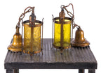 early 20th century antique american craftsman or mission style single electric residential pendant light with original amber crackle glass cylindrical-shaped shade
