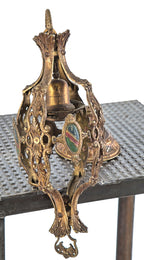 early 20th century original and intact polychromed ornamental cast brass interior residential salvaged chicago pendant light fixture with original canopy and finial