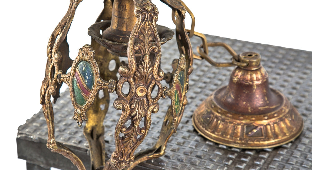 early 20th century original and intact polychromed ornamental cast brass interior residential salvaged chicago pendant light fixture with original canopy and finial