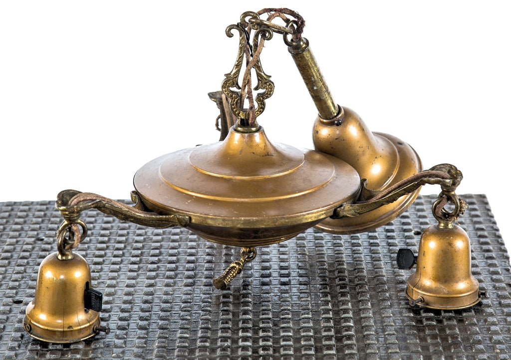 fully functional c. 1930's depression-era antique american spun brass metal three-light "pan" ceiling fixture with original canopy and three tun key sockets concealed with shade holders