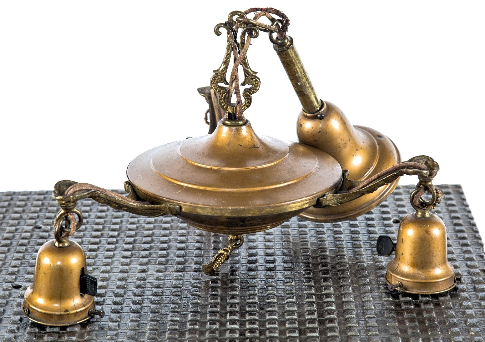 fully functional c. 1930's depression-era antique american spun brass metal three-light "pan" ceiling fixture with original canopy and three tun key sockets concealed with shade holders