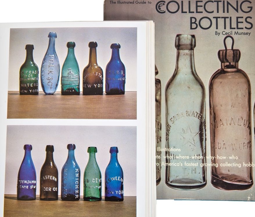 rare and out-of-print first edition hard and softbound early books on bottle collecting with profusely illustrated pages in black and white and color