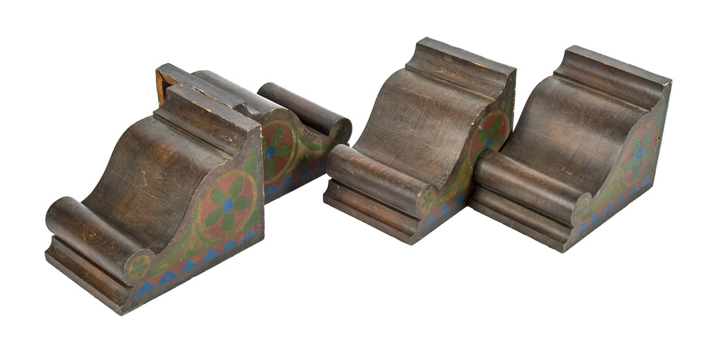 two of four matching all original d.h. burnham custom-built dunham building penthouse floor darkly stained solid oak wood ceiling brackets with applied polychrome finish