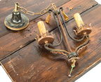 early 20th century antique american salvaged chicago interior residential hanging two-light pendant fixture with original enameled finish and amber glass prisms