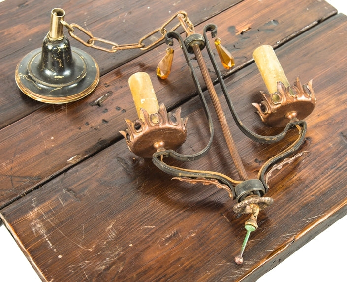 early 20th century antique american salvaged chicago interior residential hanging two-light pendant fixture with original enameled finish and amber glass prisms