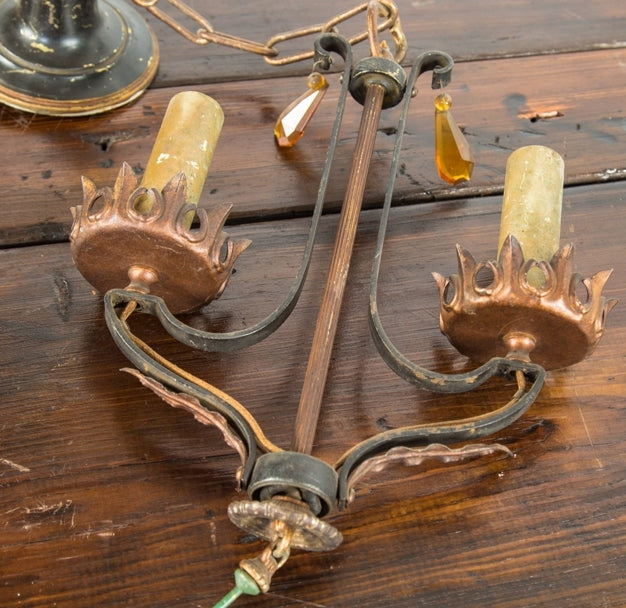 early 20th century antique american salvaged chicago interior residential hanging two-light pendant fixture with original enameled finish and amber glass prisms