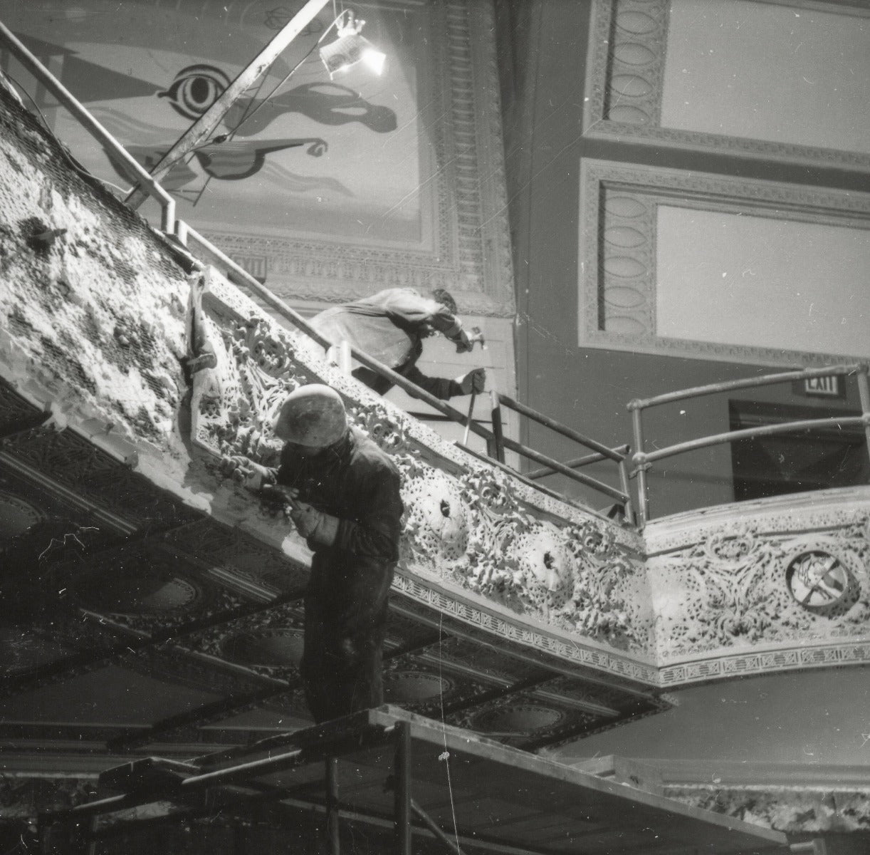 original museum-quality schiller building or garrick theater interior auditorium richly ornamented cast plaster balcony panel