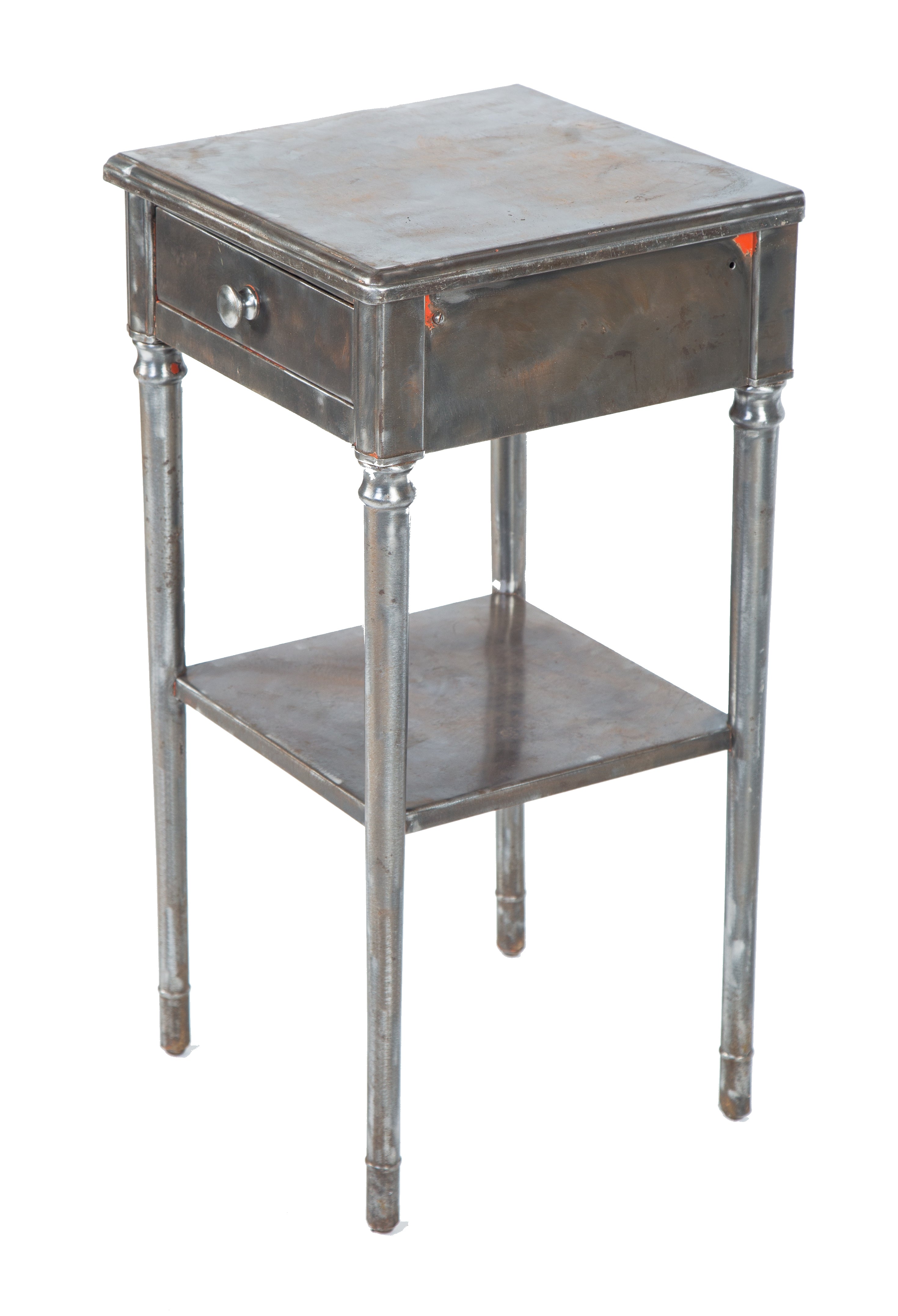 all original c. 1930's american depression era freestanding four-legged brushed metal simmons nightstand or side table with single pull-out drawer
