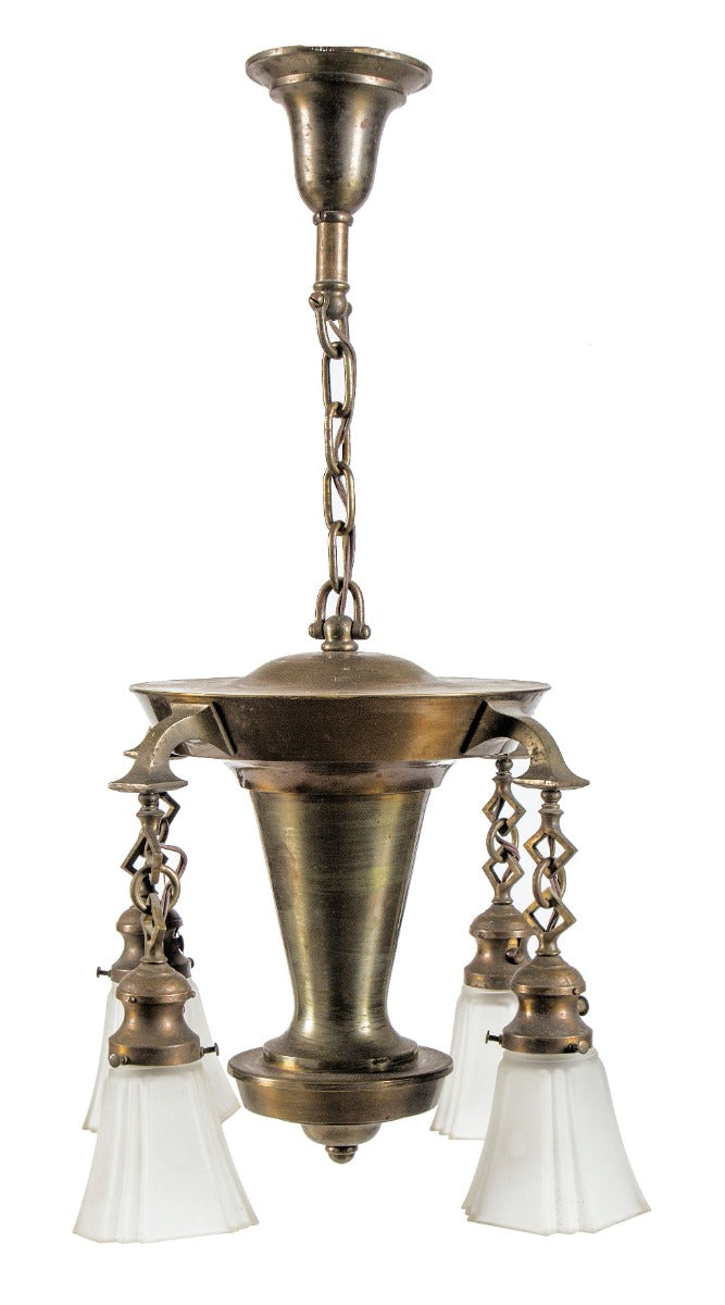 antique american interior residential unusually-designed craftsman style salvaged chicago heavy cast brass four-light ceiling fixture with pressed glass shades