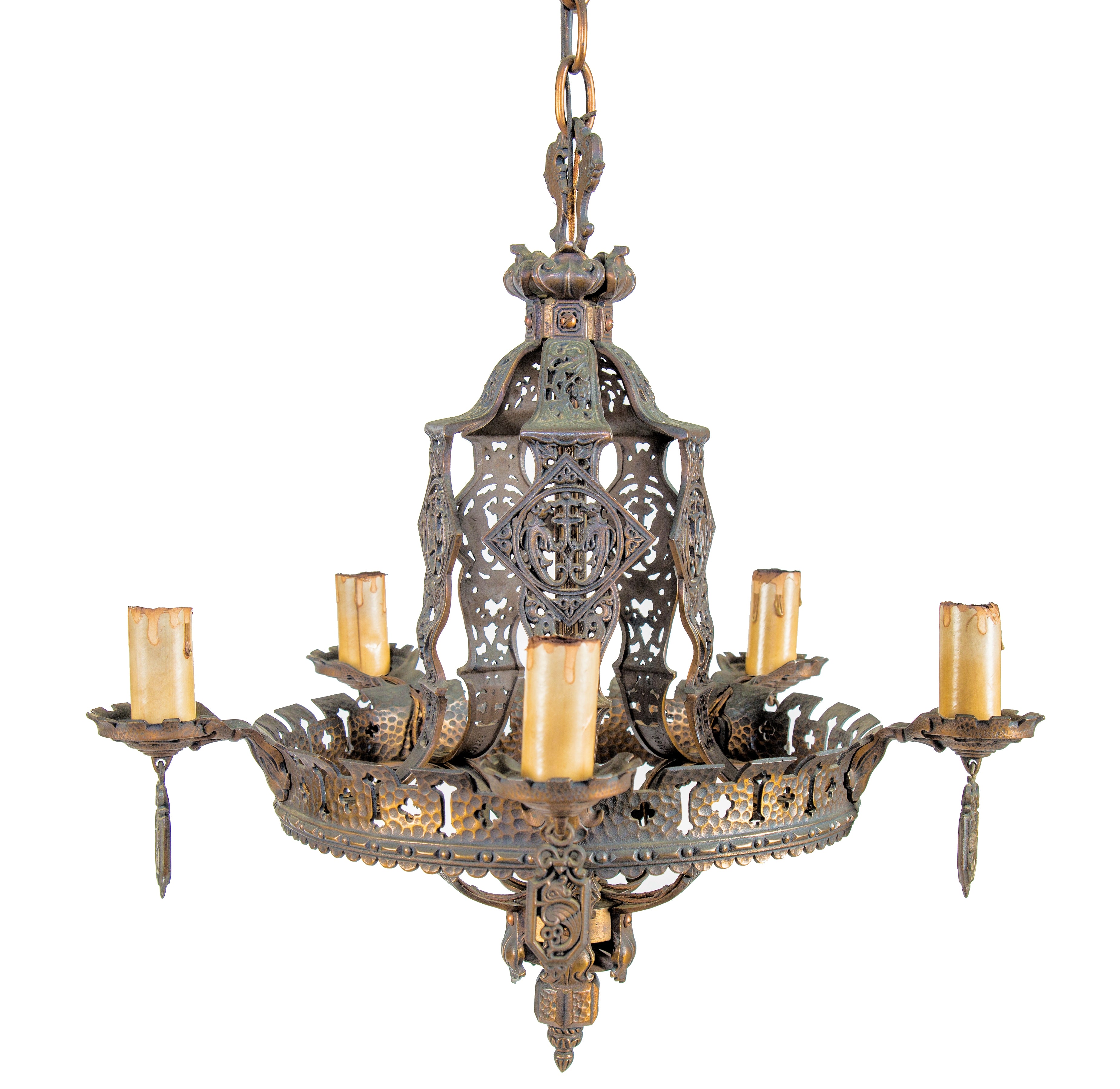 finely executed all original heavily ornamented cast bronze five-arm c. 1920's spanish revival style ceiling fixture with plated surface patina in excellent condition