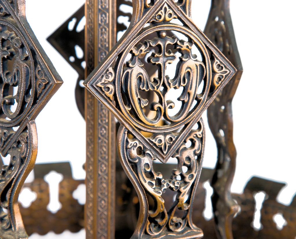 finely executed all original heavily ornamented cast bronze five-arm c. 1920's spanish revival style ceiling fixture with plated surface patina in excellent condition