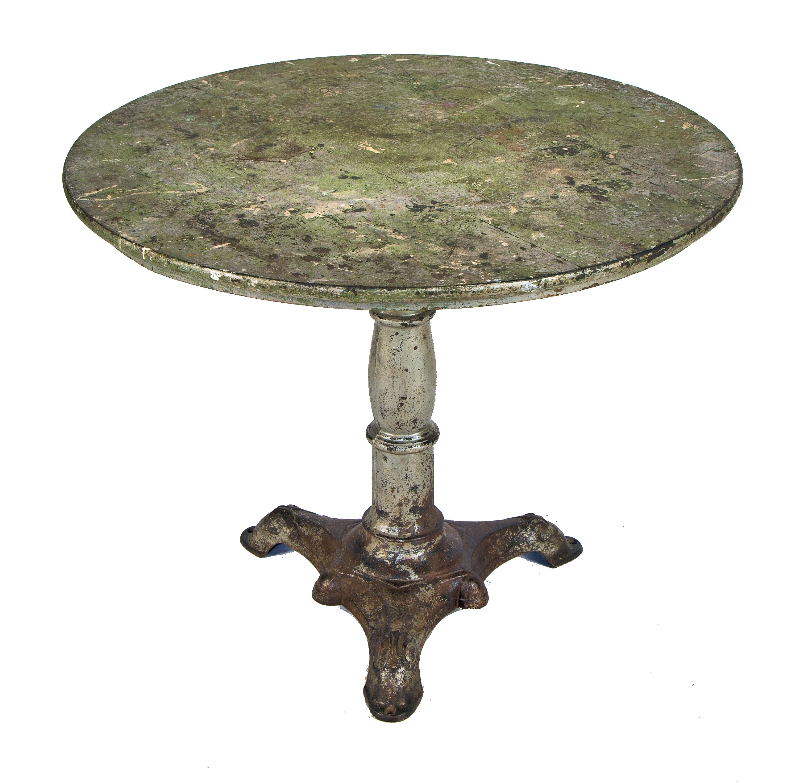 intact and nicely aged stationary three-legged cast iron and oak wood antique american victorian era saloon table with weathered and worn patina