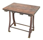remarkable late 19th or early 20th century antique american industrial machine shop table with curvesous cast iron legs and nicely weathered and worn tabletop