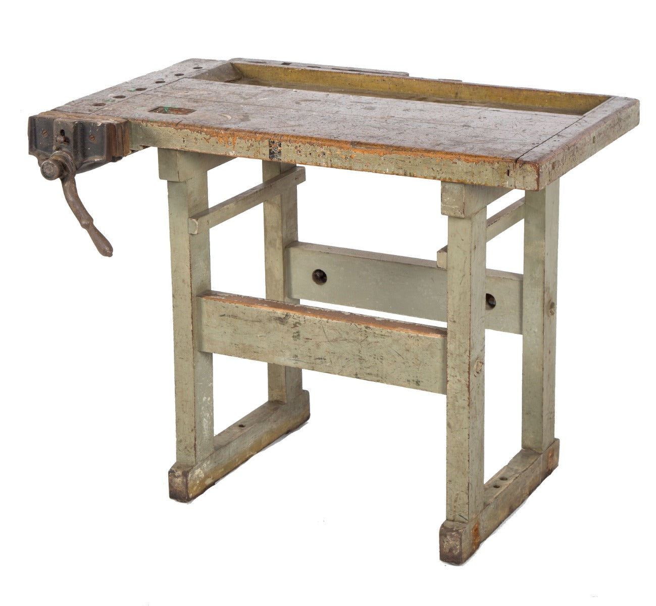 late 19th or early 20th century highly sought after christiansen reinforced hardwood four-legged factory workbench with original cast iron vise