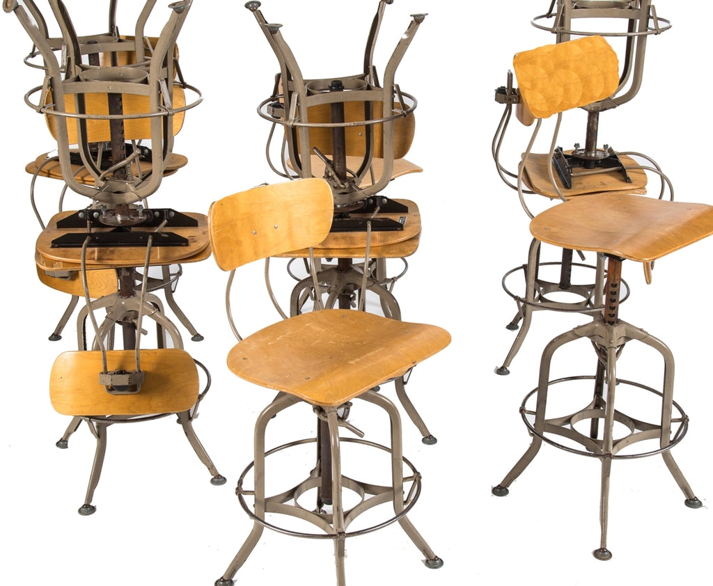 1 of 3 matching all original 1940's american depression era fully adjustable "uhl art steel" detroit public school laboratory stools with maple wood seats, backrests and heel rings