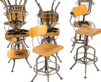 1 of 3 matching all original 1940's american depression era fully adjustable "uhl art steel" detroit public school laboratory stools with maple wood seats, backrests and heel rings