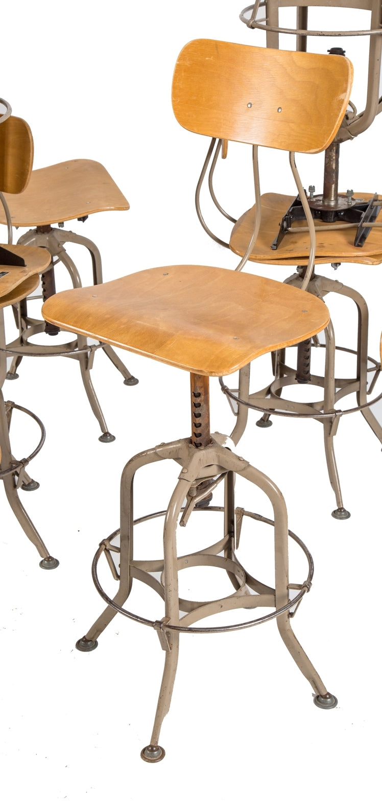 1 of 3 matching all original 1940's american depression era fully adjustable "uhl art steel" detroit public school laboratory stools with maple wood seats, backrests and heel rings