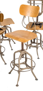 1 of 3 matching all original 1940's american depression era fully adjustable "uhl art steel" detroit public school laboratory stools with maple wood seats, backrests and heel rings