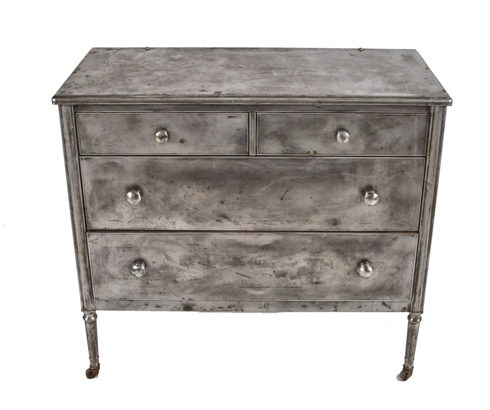 original c. 1930's american vintage industrial brushed metal lowboy salvaged chicago mobile four-legged dresser with intact bassick casters