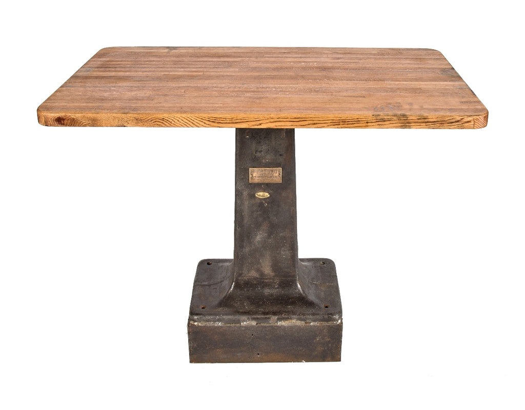 early 20th century antique american industrial heavy duty freestanding cast iron table base with newly added solid oak wood tabletop with rounded edges and corners