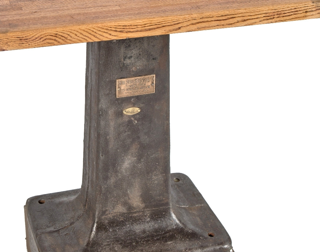 early 20th century antique american industrial heavy duty freestanding cast iron table base with newly added solid oak wood tabletop with rounded edges and corners