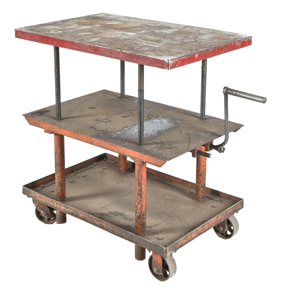 one of four nearly identical fully adjustable salvaged chicago three-tier heavy duty die cart or hand-crank table with perforated cast iron casters