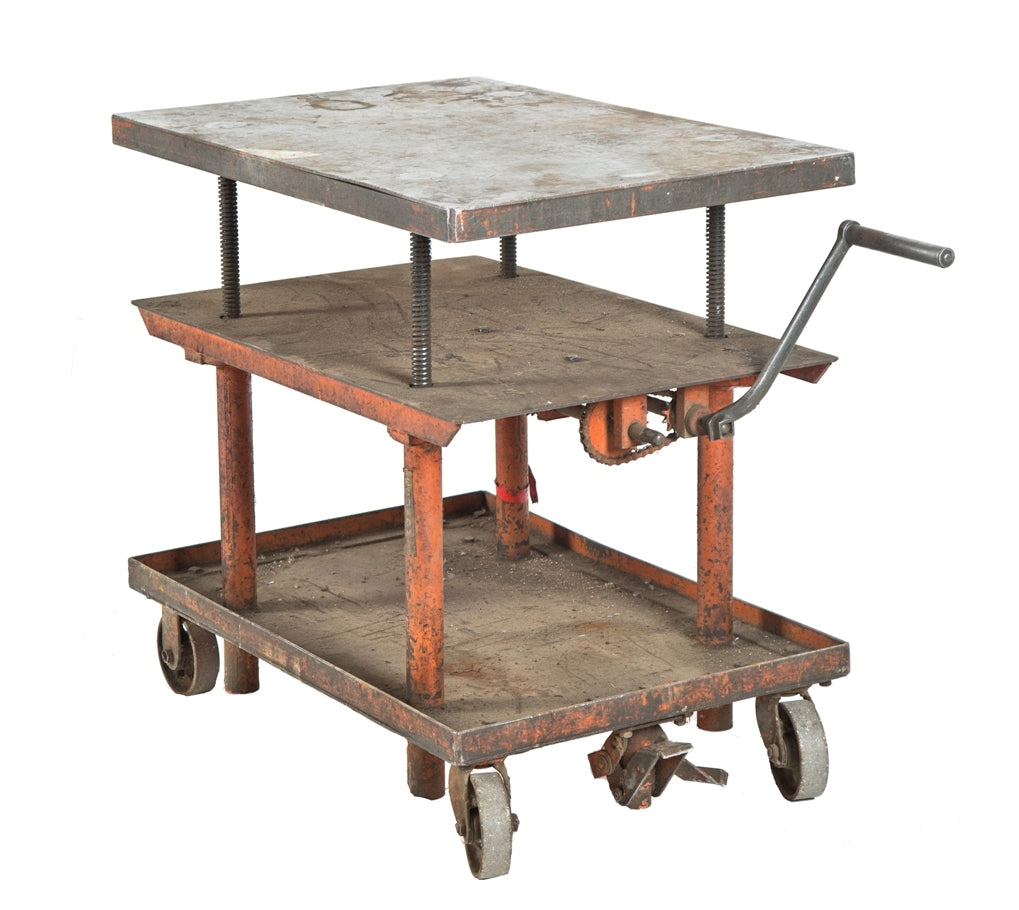 original vintage american industrial fully adjustable mobile salvaged chicago die cart or hand-crank table with steel deck and undershelves